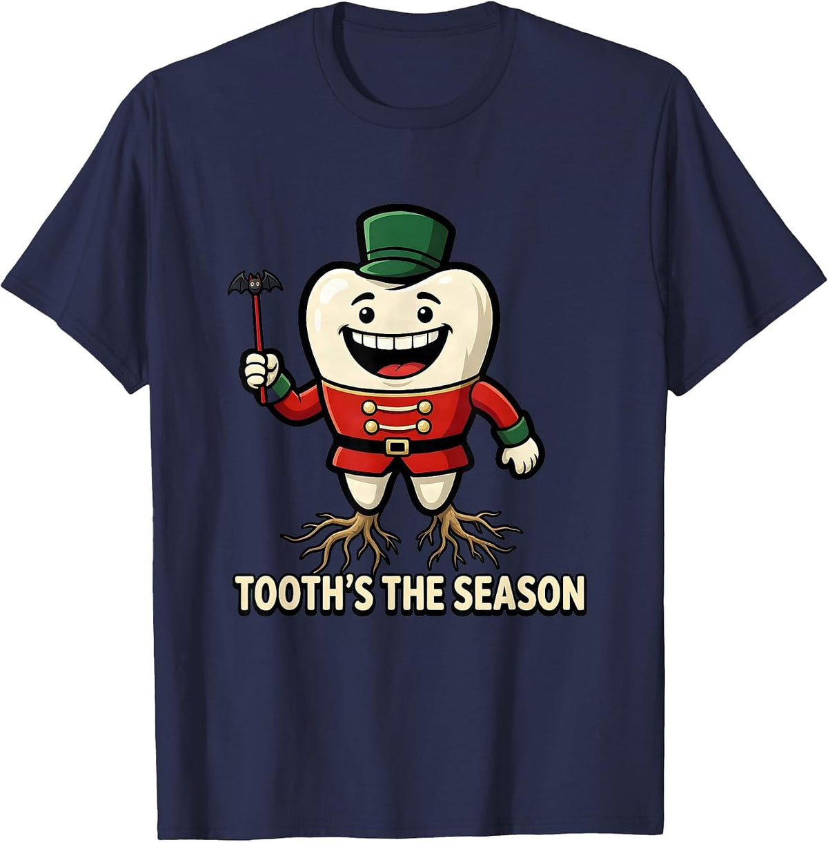 Men's Tooth's the Season Funny Cartoon Dentist Christmas Dental T-Shirt - Navy Blue