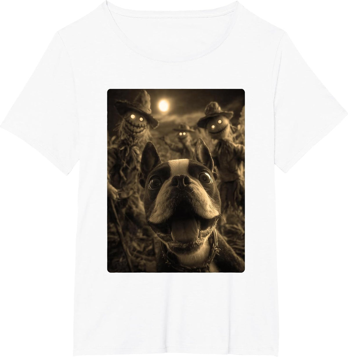 Vintage Boston Terrier Selfie Spooky Scarecrows Halloween T-Shirt - White