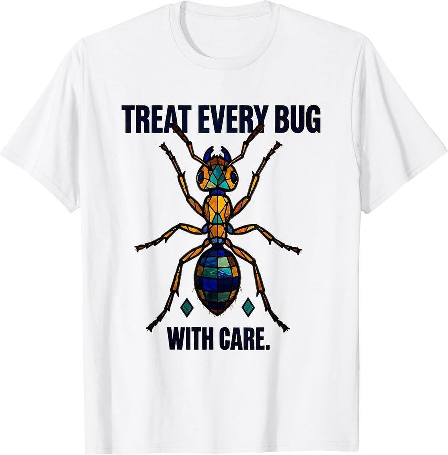 Men's Treat Every Bug With Care Stained Glass Mosaic Entomology T-Shirt - White
