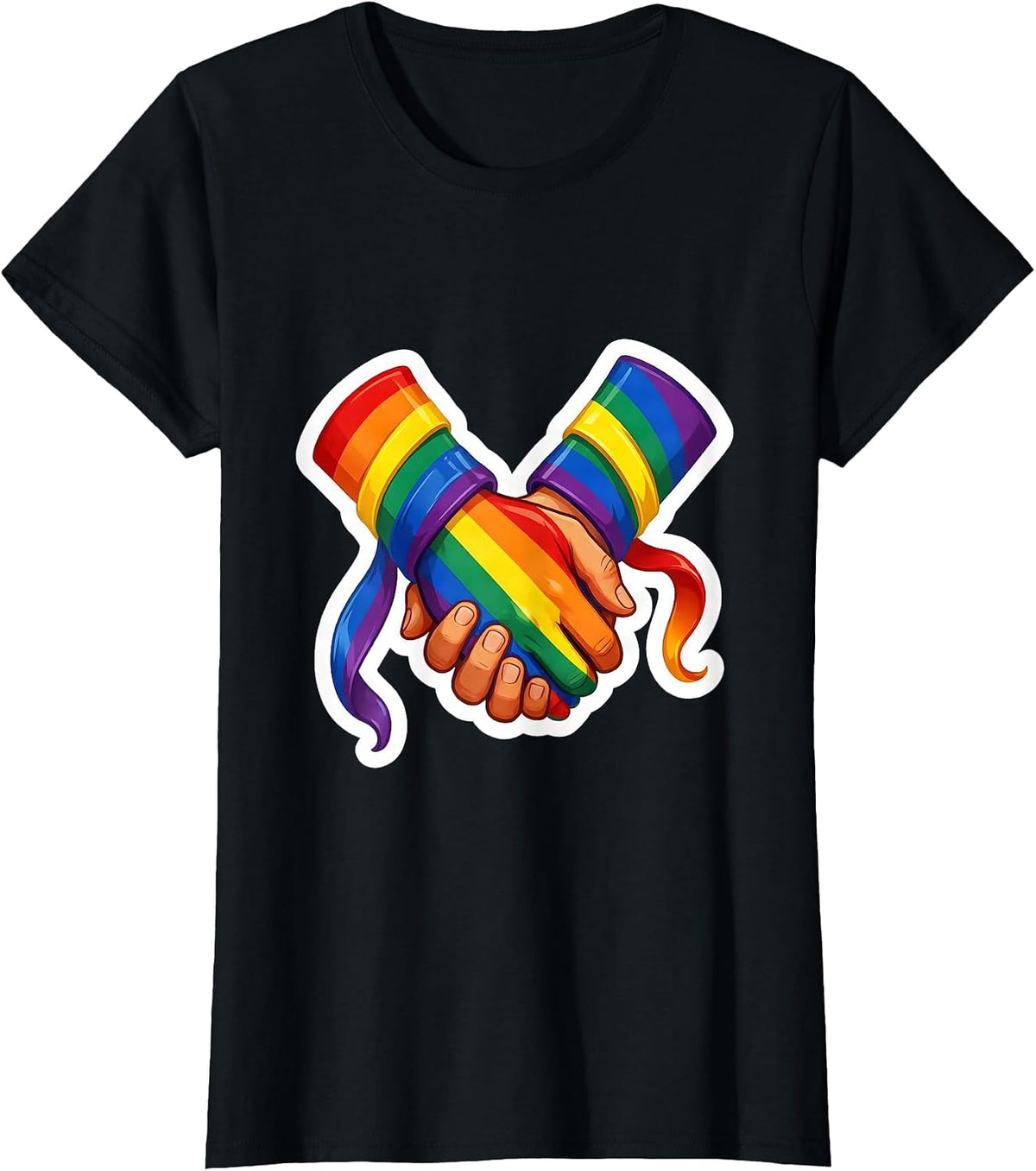 Pride Rainbow Ribbon Clasped Hands Illustration T-Shirt - Black