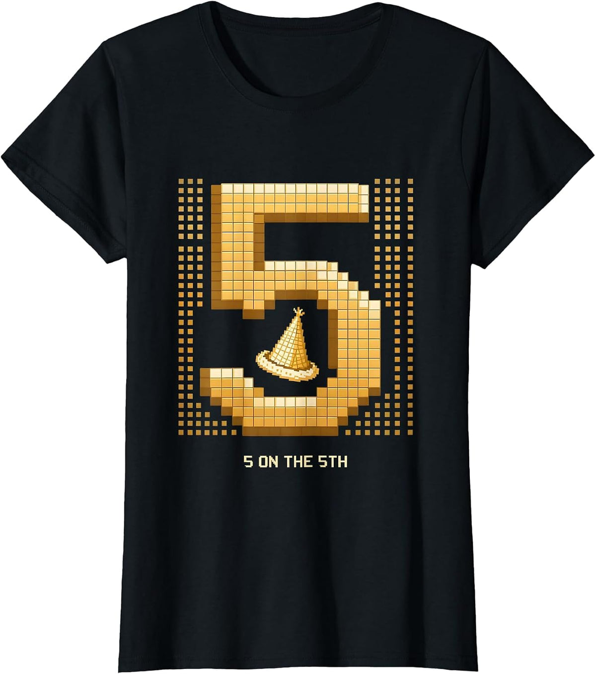 5 On The 5th Pixel Art Golden Birthday Toddler Party T-Shirt - Black