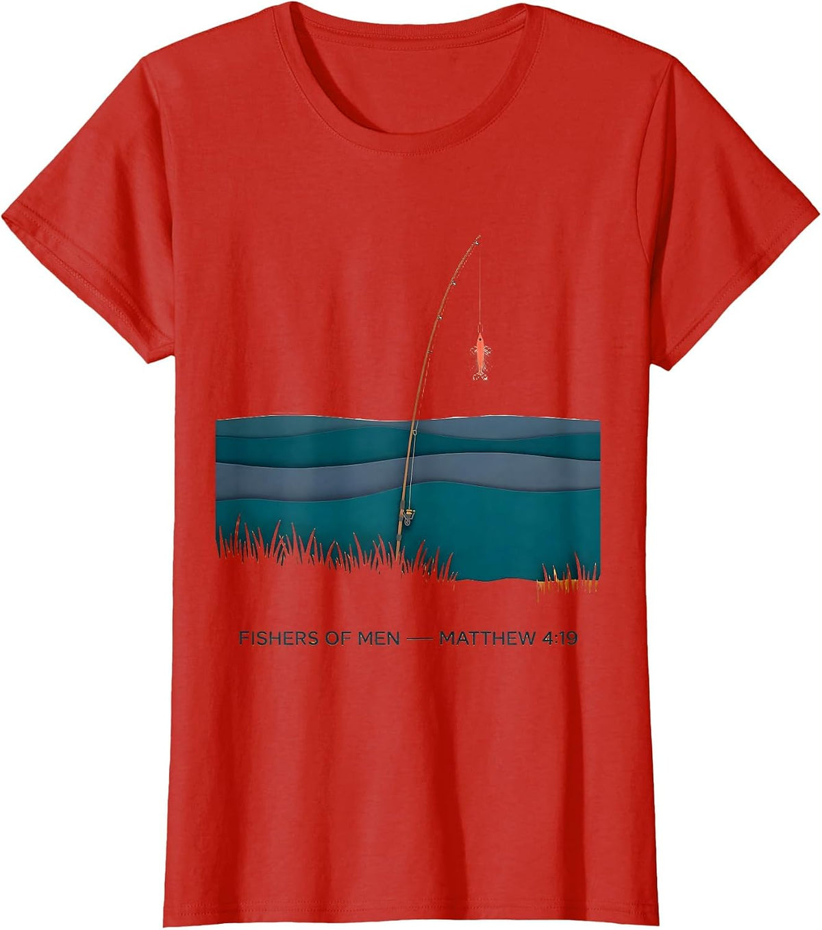Women's Fishers Of Men Matthew 4:19 Paper Cutout Christian Fishing T-Shirt - Red