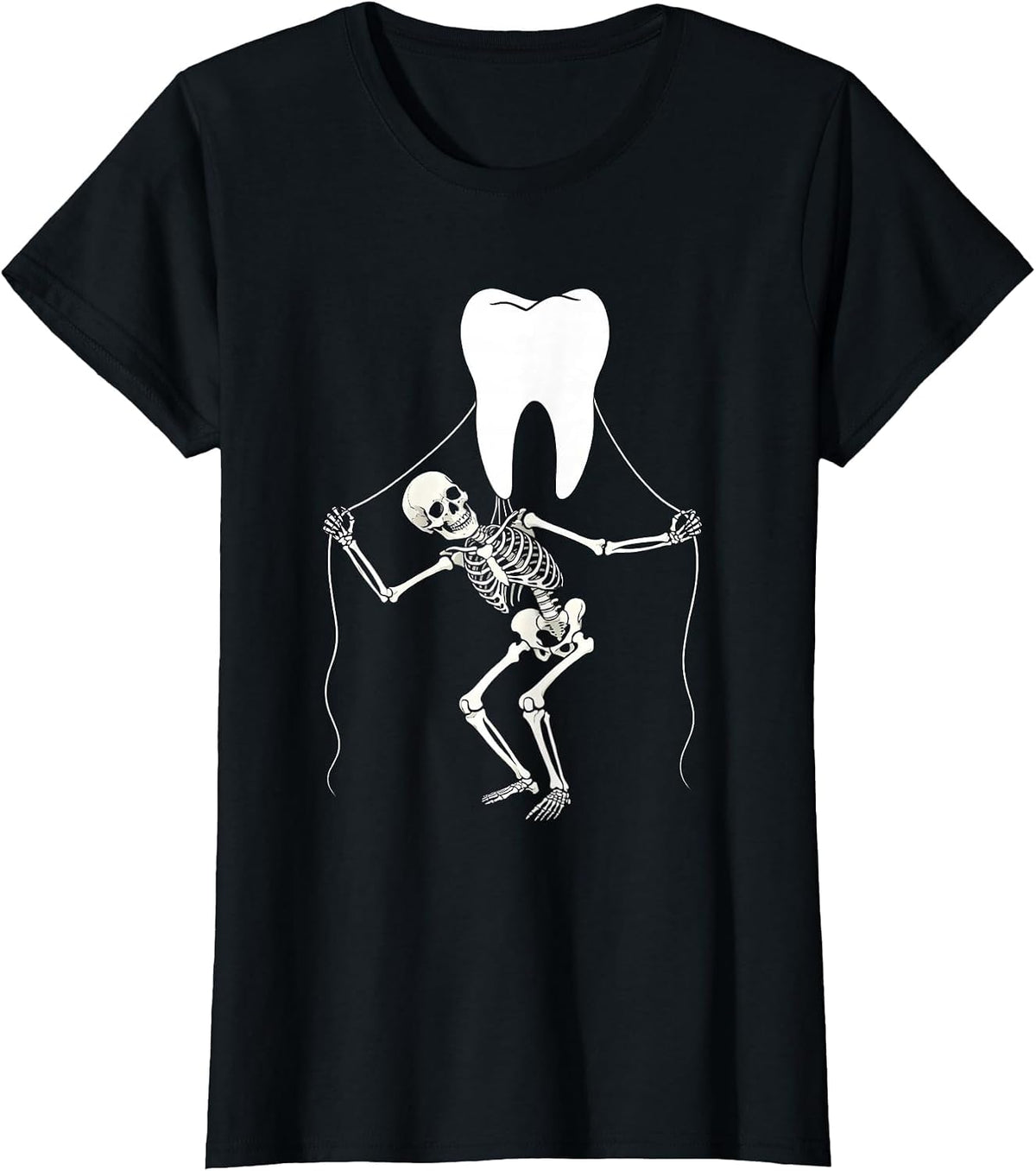 Halloween Skeleton Flossing Giant Molar Dental Art T-Shirt - Black