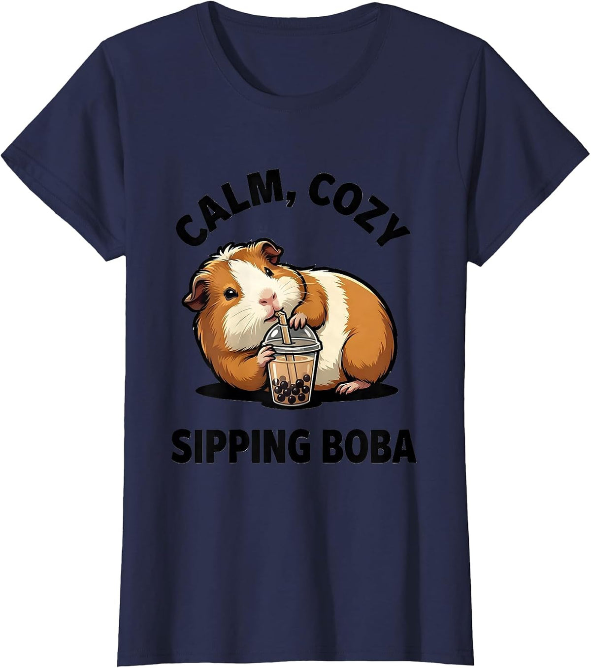 Women's Calm Cozy Sipping Boba Cute Kawaii Guinea Pig Anime Girl T-Shirt - Navy Blue