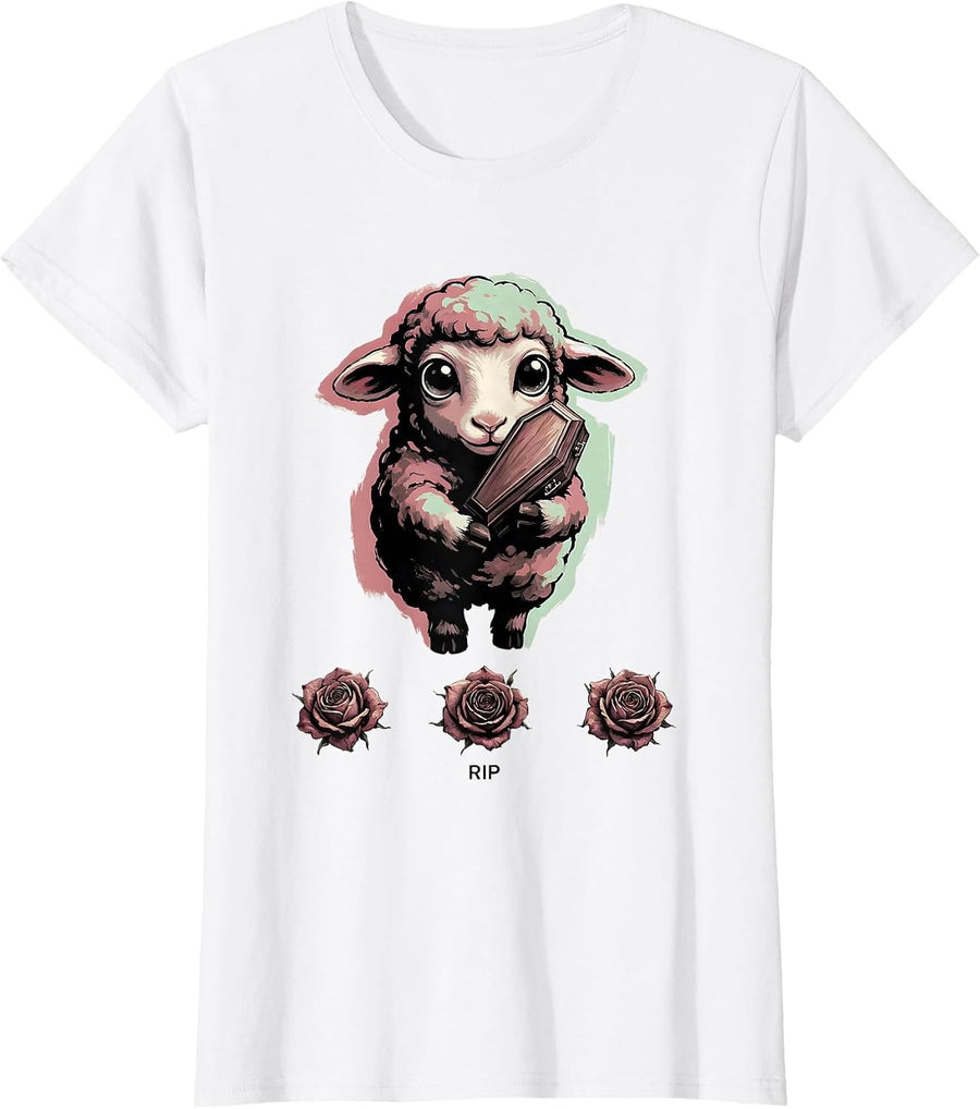 Women's RIP Chibi Lamb Pastel Goth Kawaii Anime Horror Aesthetic T-Shirt - White