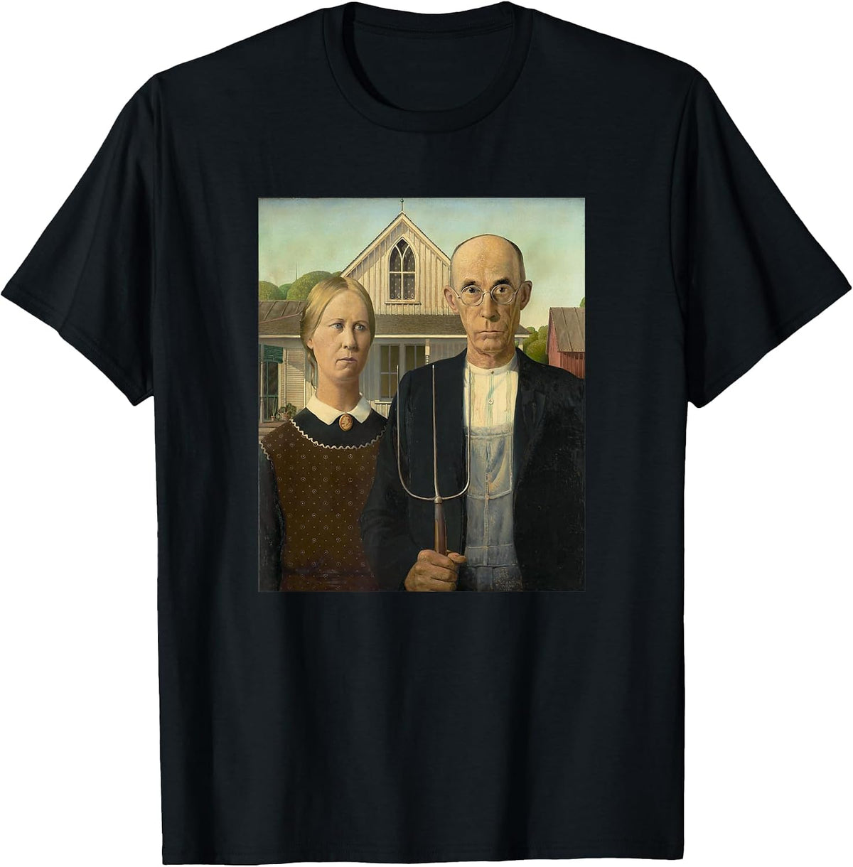 Grant Wood's American Gothic Fine Art Painting Farmers Farm T-Shirt - Black