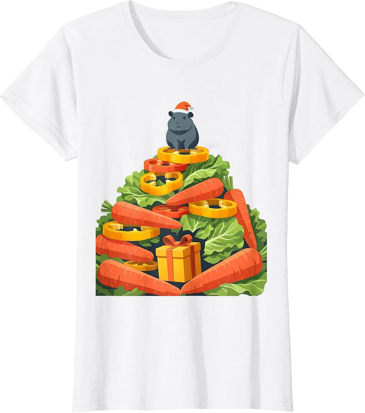Stacked Vegetables Guinea Pig Santa Hat Christmas Humor T-Shirt - White