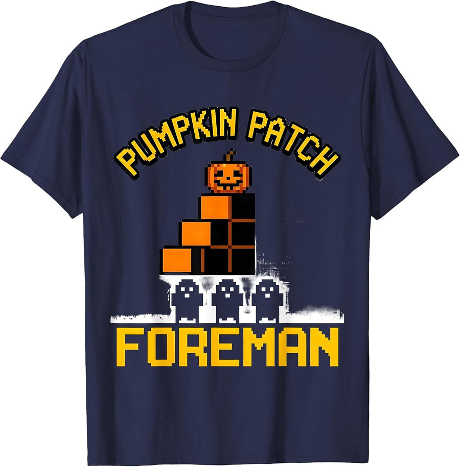 Pumpkin Patch Foreman Pixel Art Halloween Costume Boys Kids T-Shirt - Navy Blue