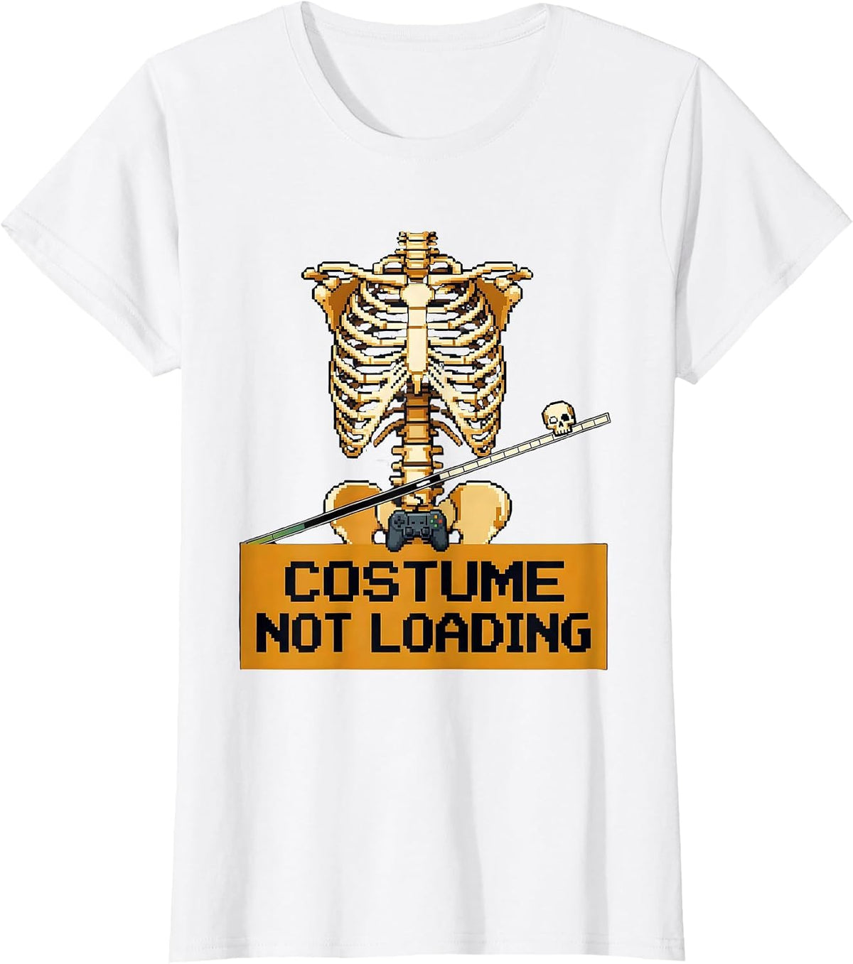 Costume Not Loading Pixel Art Halloween Skeleton Gamer Humor T-Shirt - White
