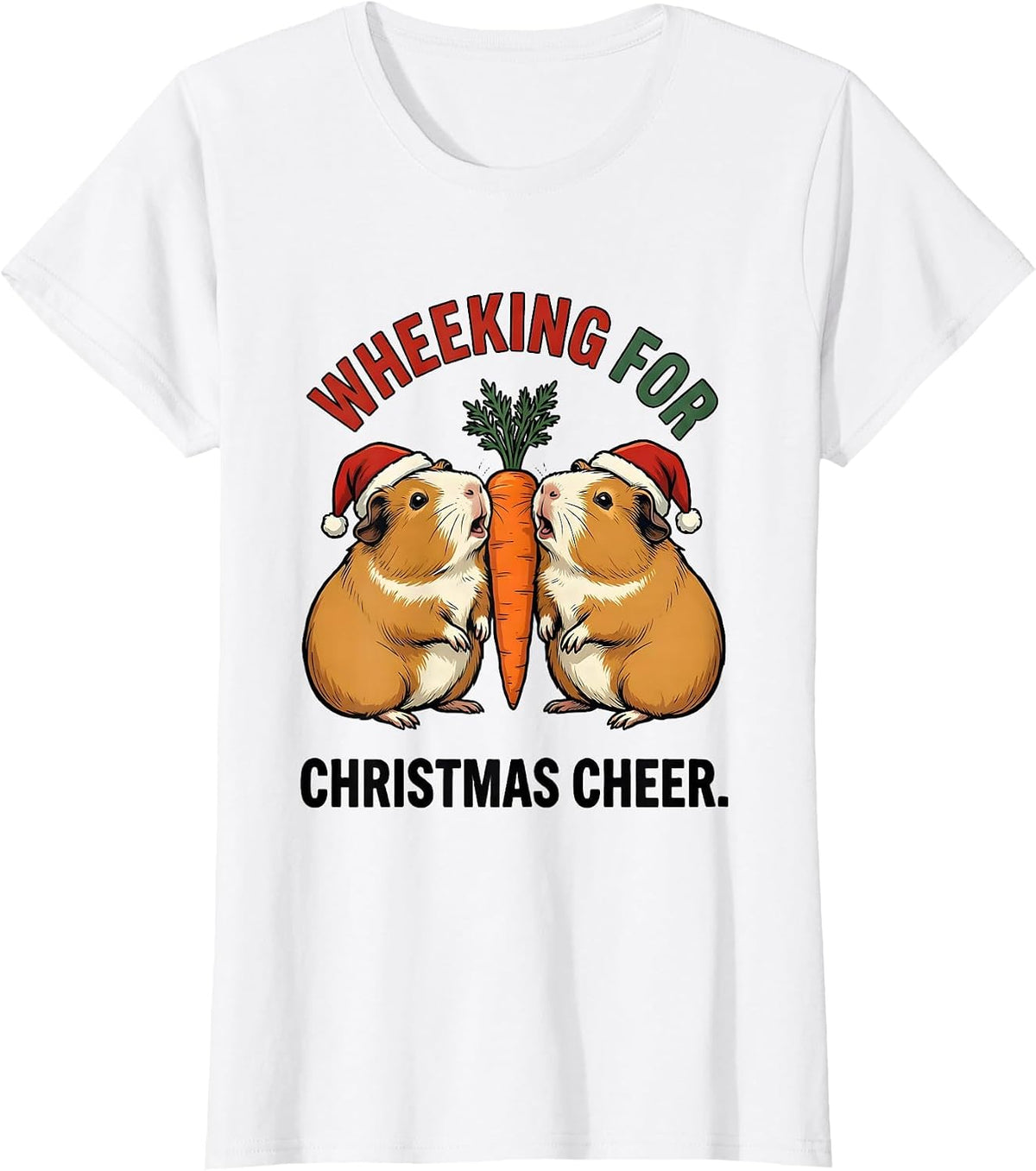 Women's Wheeking For Christmas Cheer Funny Guinea Pig Santa Hat T-Shirt - White