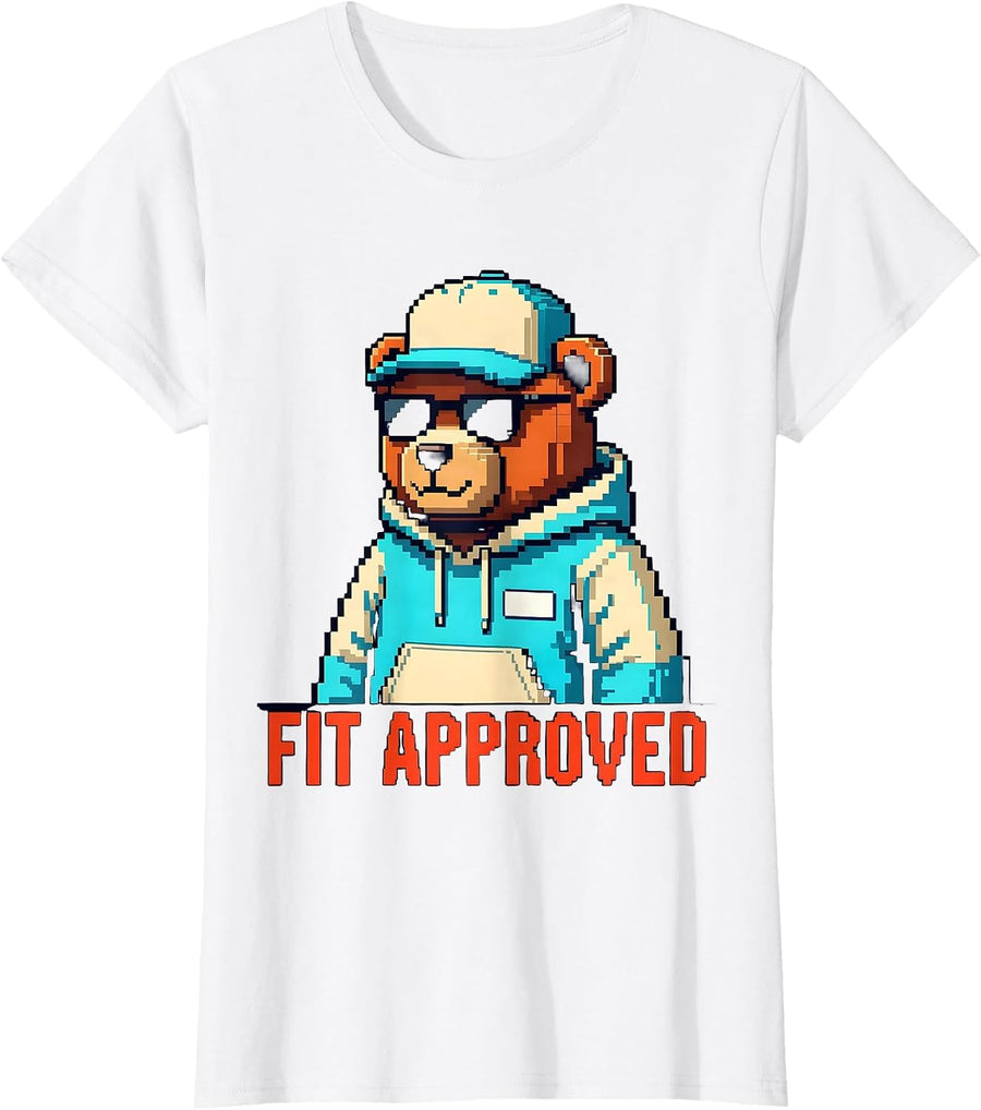 Women's Fit Approved Pixel Art Teddy Bear Hip Hop Streetwear Cute T-Shirt - White