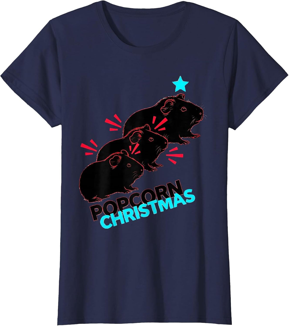 Women's Popcorn Christmas New Wave Guinea Pig Owner Pet Lover Humor T-Shirt - Navy Blue