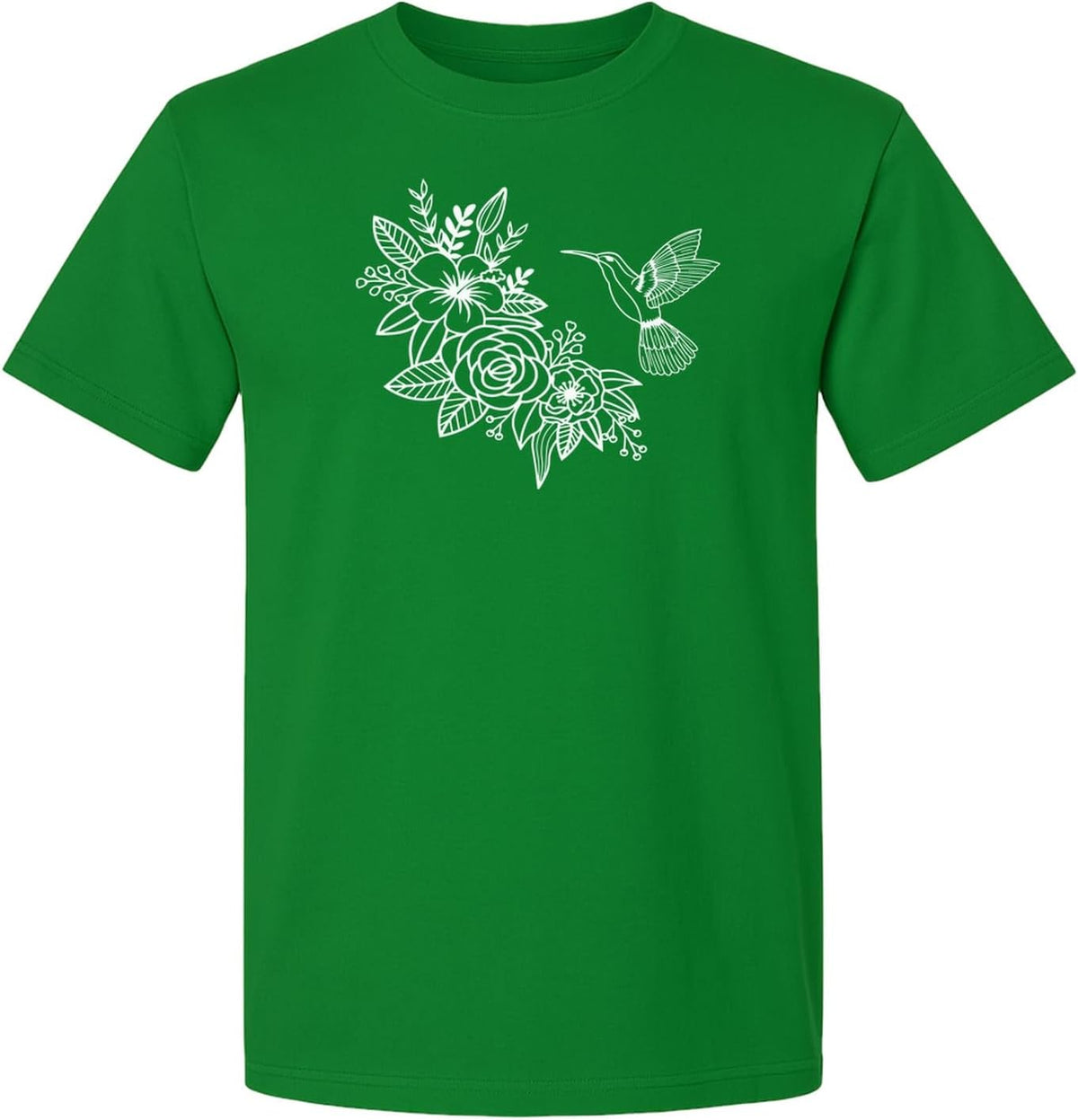 Hummingbird T-Shirt, Botanical Line Art Flower Design for Bird Watchers and Garden Lovers - Kelly Green