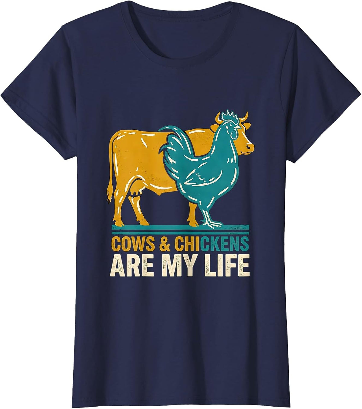 Women's Cows & Chickens Are My Life Midcentury Modern Farm Animal T-Shirt - Navy Blue