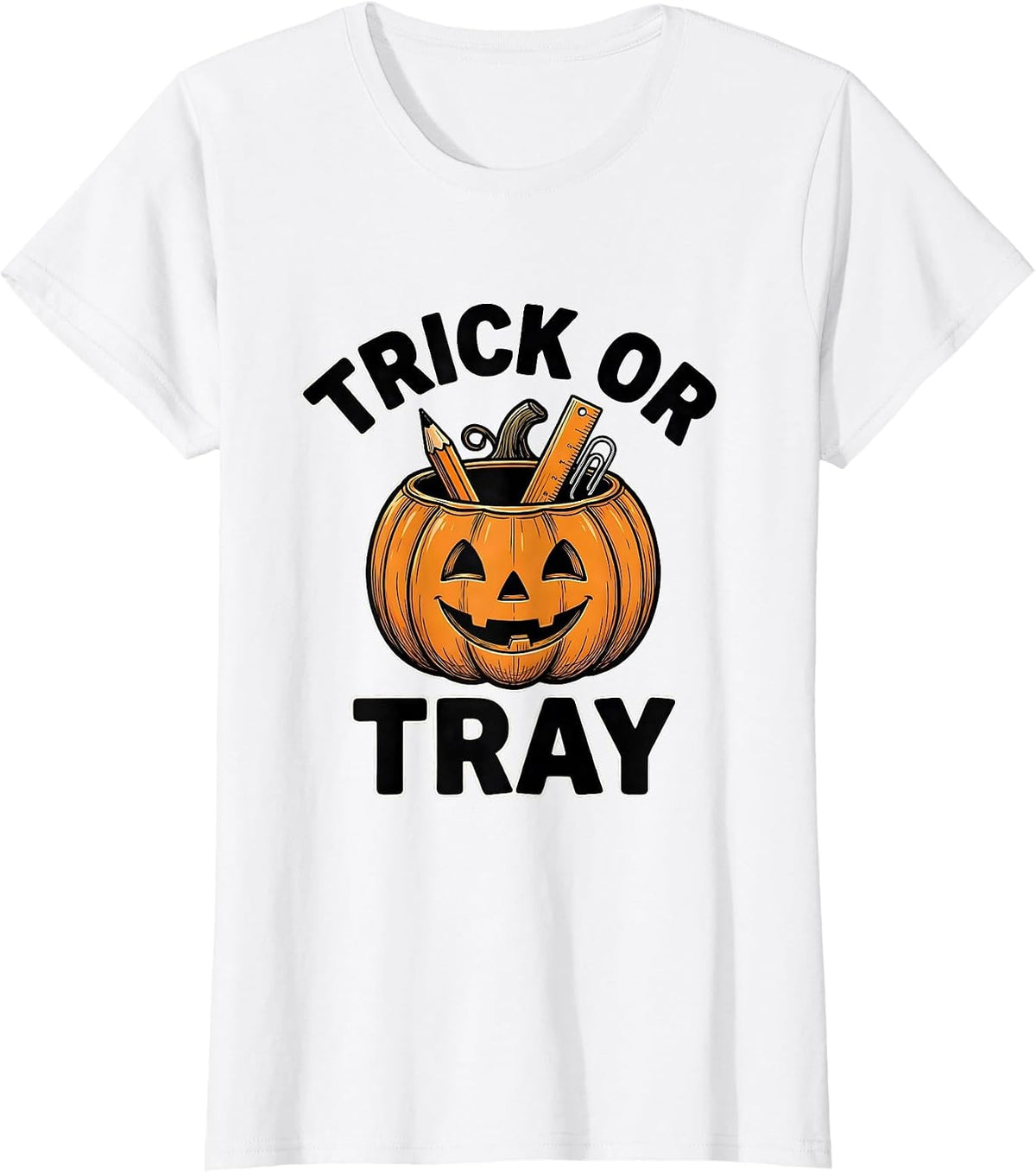 Women's Trick or Tray Line Art Teacher Halloween Back to School T-Shirt - White