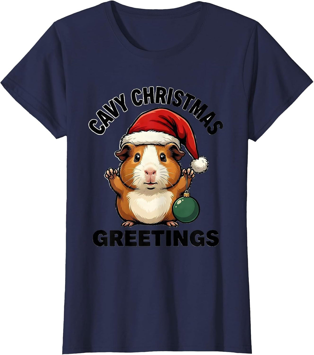 Women's Cavy Christmas Greetings Cartoon Guinea Pig Santa Hat Humor T-Shirt - Navy Blue