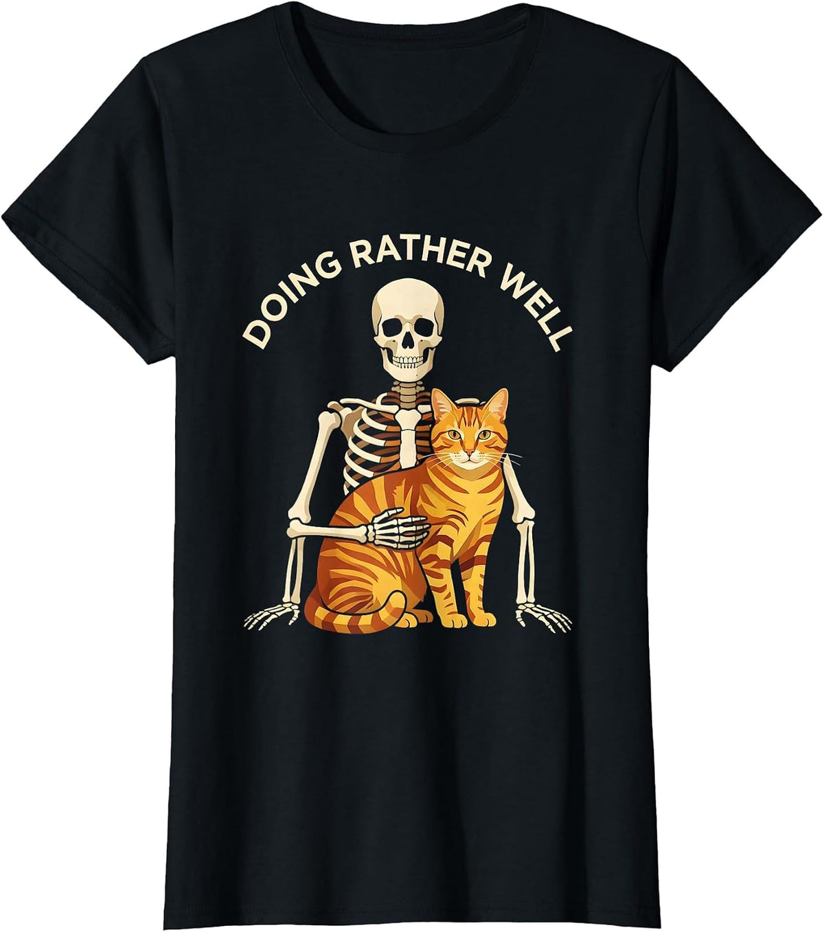 Women's Doing Rather Well Geometric Skeleton Hugging Cat Halloween T-Shirt - Black