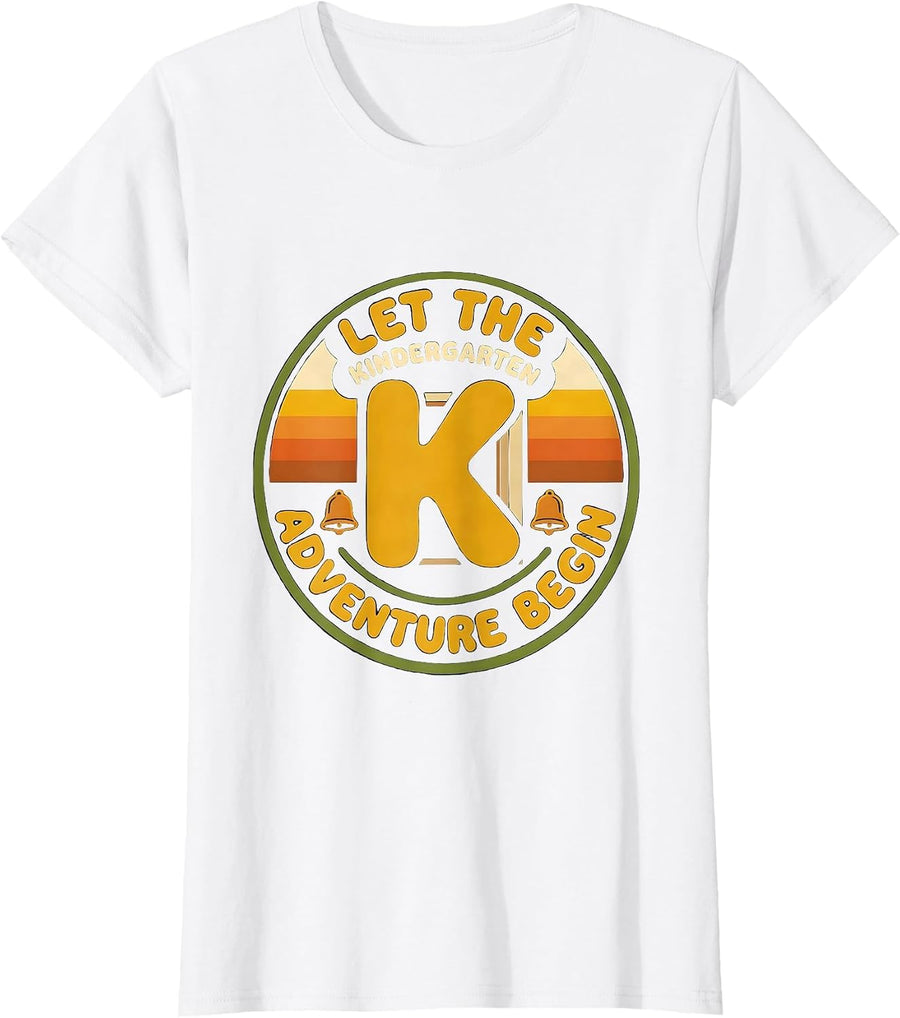 Women's Let The Kindergarten Adventure Begin Retro 70s Teacher Team T-Shirt - White