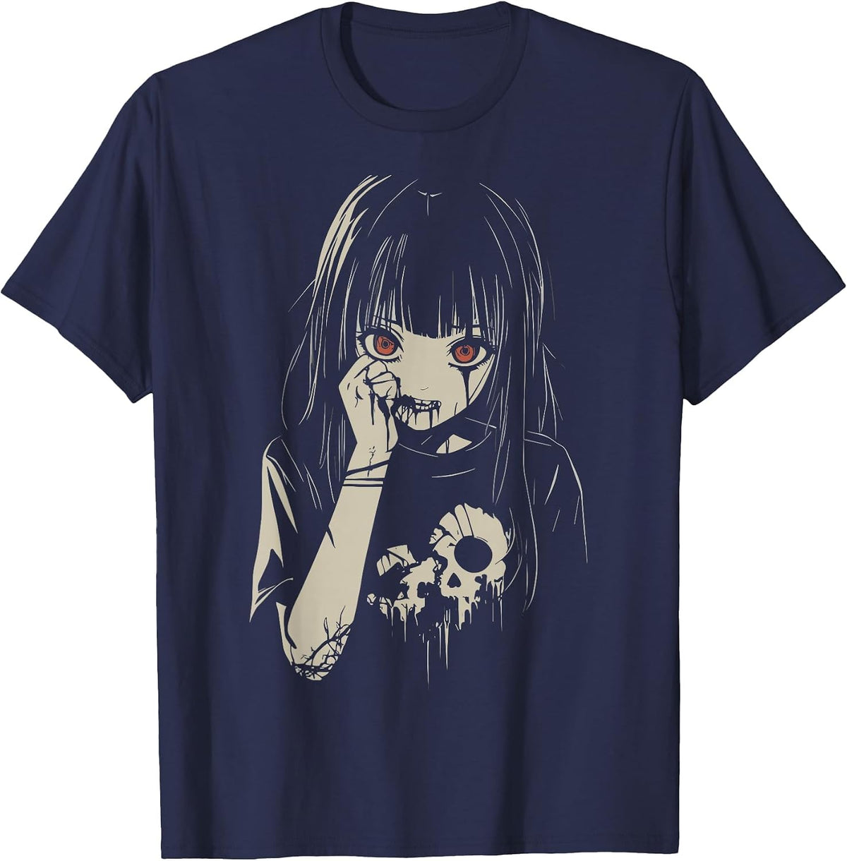 Anime Horror Girl Aesthetic Soft Grunge Waifu Japanese Girl T-Shirt - Navy Blue