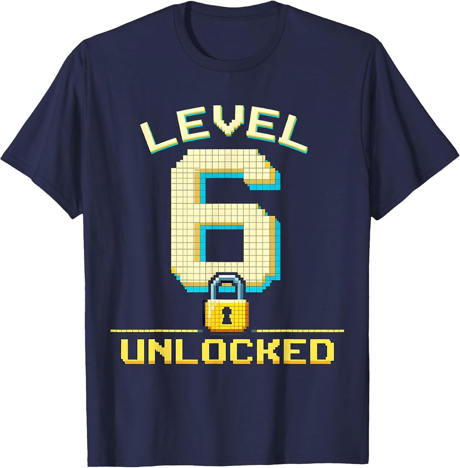 Level 6 Unlocked Pixel Art Gamer Birthday Milestone Gift T-Shirt - Navy Blue