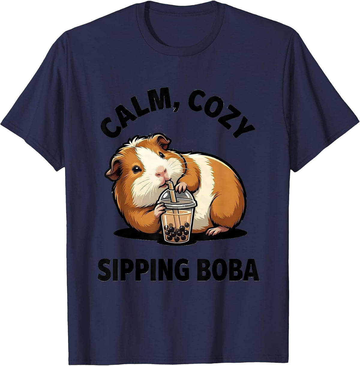 Men's Calm Cozy Sipping Boba Cute Kawaii Guinea Pig Anime Girl T-Shirt - Navy Blue
