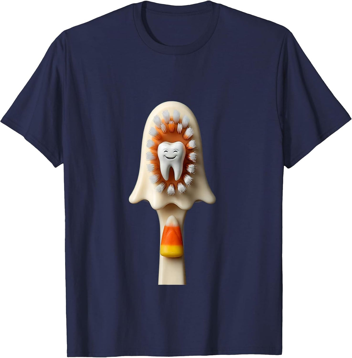 Friendly Ghost Toothbrush Halloween Dental Staff Humor T-Shirt - Navy Blue