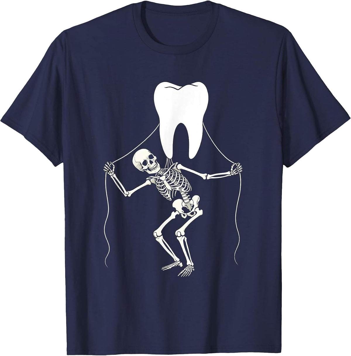 Halloween Skeleton Flossing Giant Molar Dental Art T-Shirt - Navy Blue