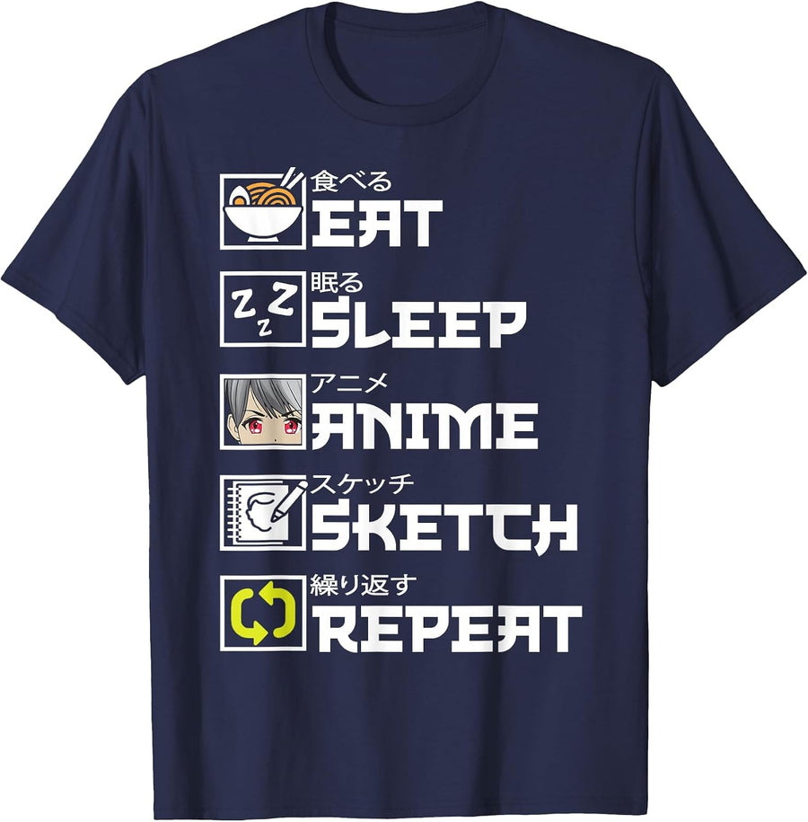 Eat Sleep Anime Sketch Repeat Kawaii Otaku Manga Ramen Japan T-Shirt - Navy Blue