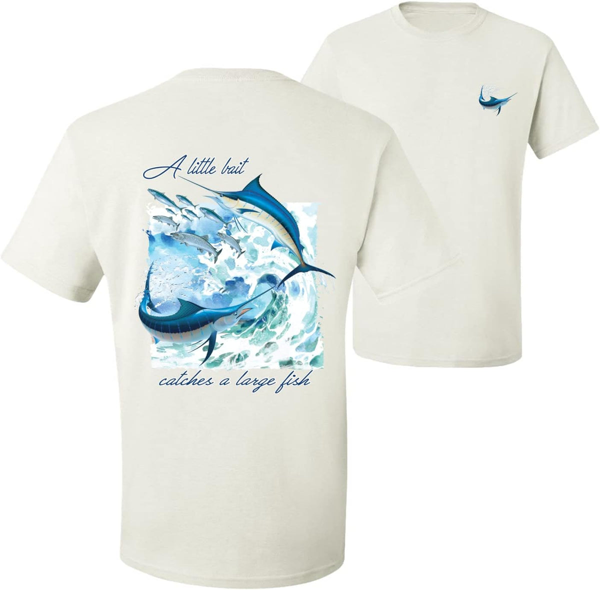 A Little Bait Catches a Large Fish Swordfish Fishing Front and Back Men's T-Shirt - White