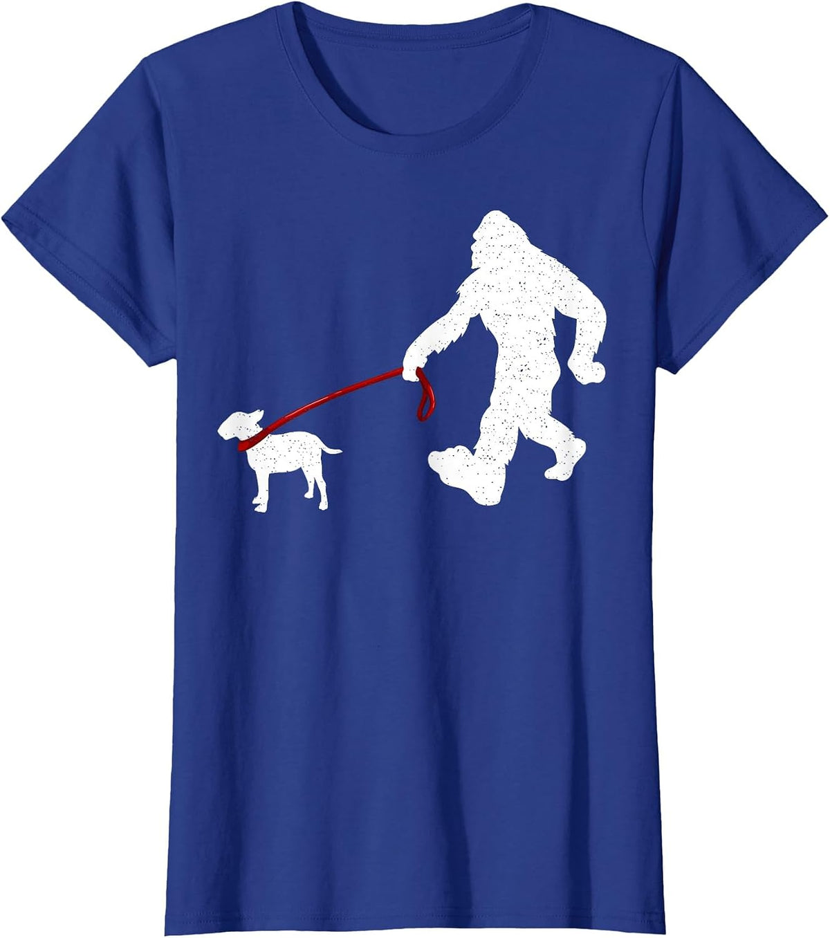 Funny Bigfoot Walking with Bull Terrier Dog T-Shirt - Royal Blue