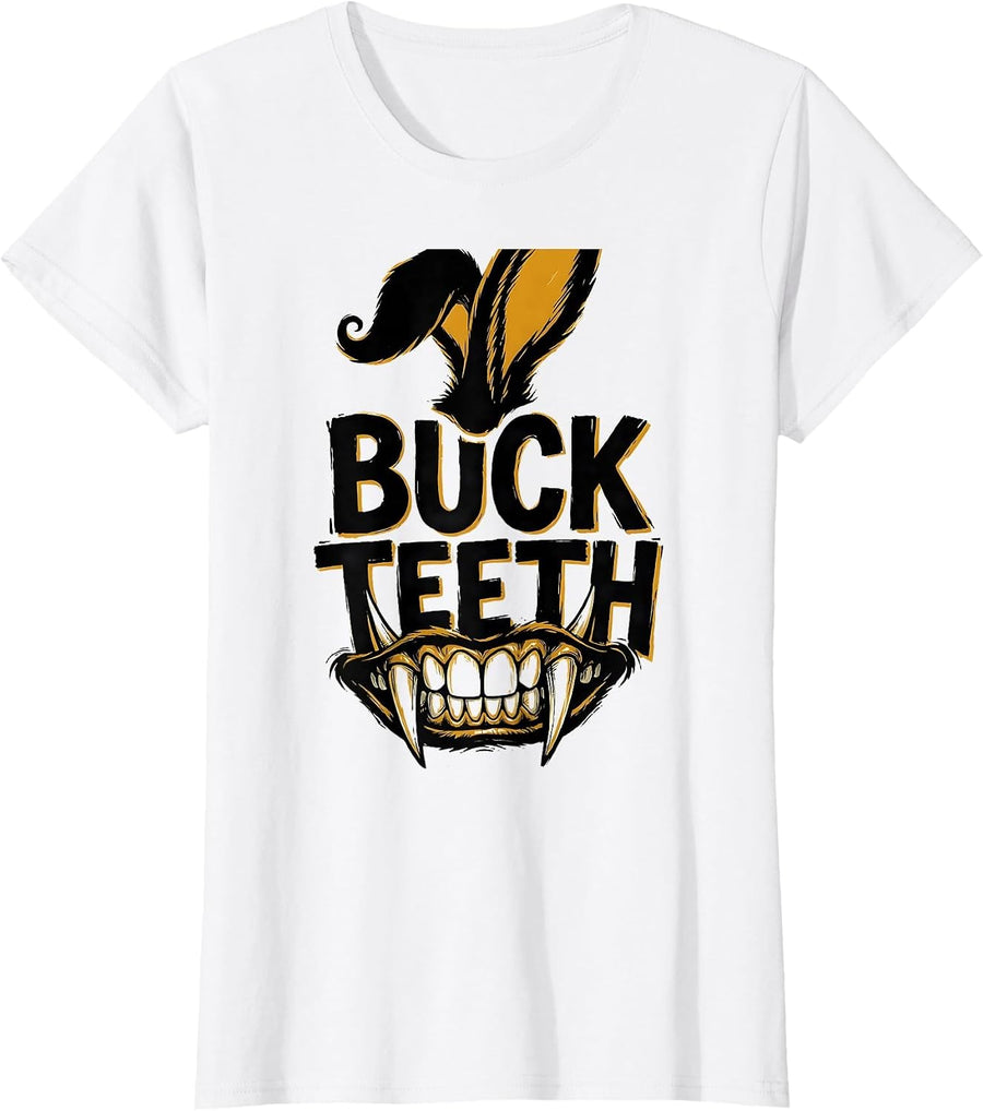 Women's Buck Teeth Alt Goth Horror Rabbit Cute Creepy Aesthetic T-Shirt - White
