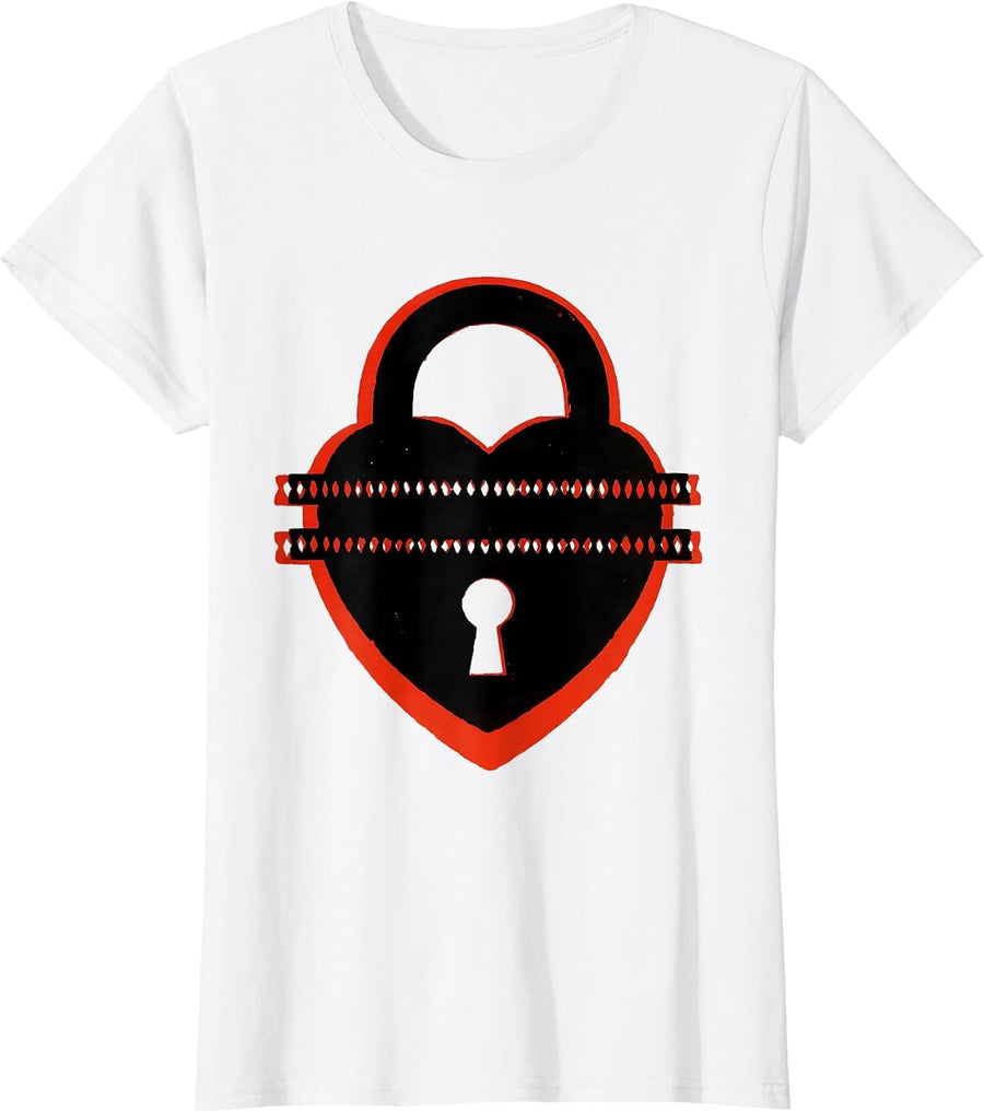Women's Barbed Heart Padlock Goth Alt Emo Y2K Graphic T-Shirt - White