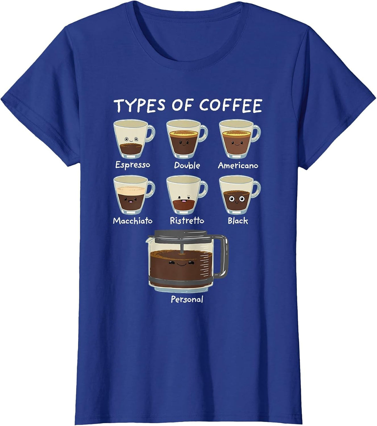 Types of Coffee Shirt Funny Caffeine Lover Barista T-Shirt - Royal Blue