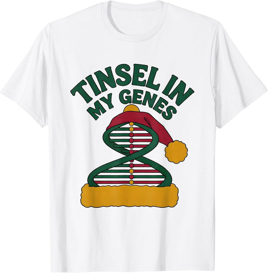 Tinsel in My Genes Funny Science Teacher DNA Helix Christmas T-Shirt - White