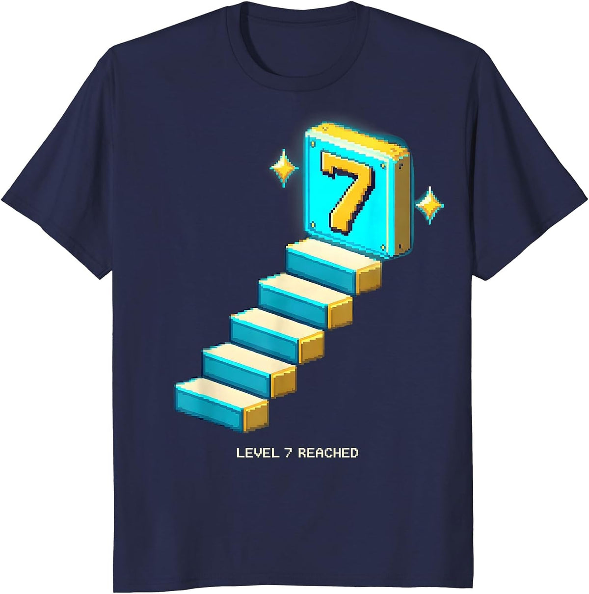 Level 7 Reached Pixel Art 7th Birthday Kids Gaming T-Shirt - Navy Blue