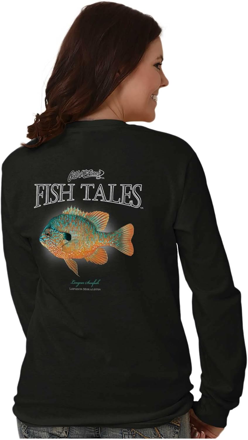Brisco Brands Gill McFinn Fisherman Sunfish Fishing Long Sleeve Tshirt Men Women - size chart