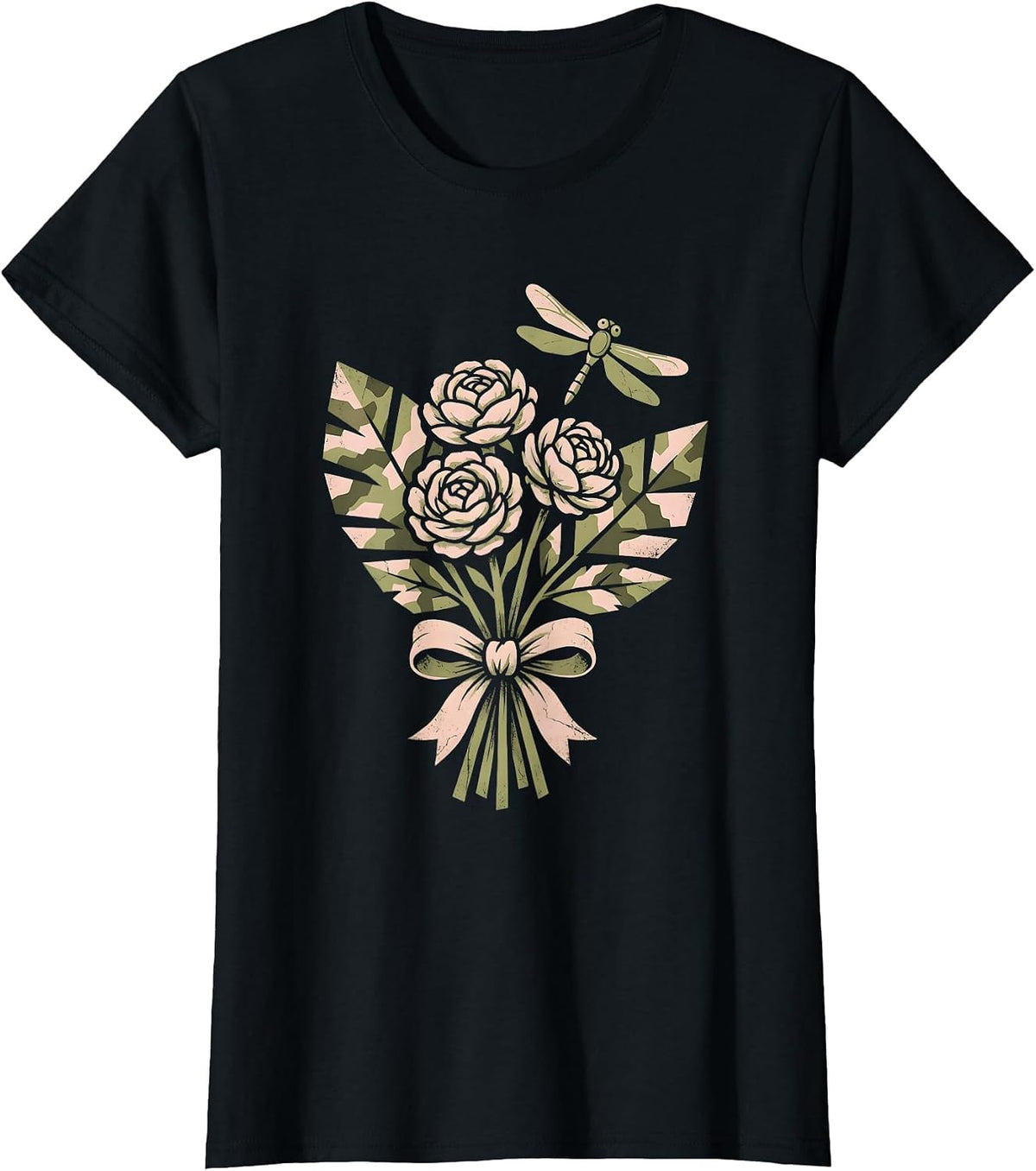Women's Camo Archer Drawing Bow Illustration T-Shirt - Black