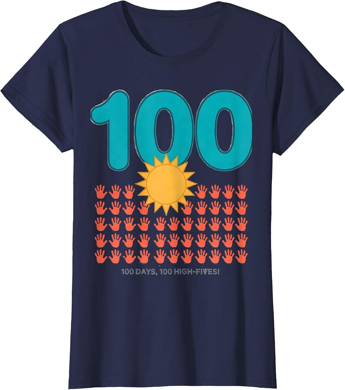 Women's 100 Days 100 High-Fives Retro Playful 100th Day of School T-Shirt - Navy Blue