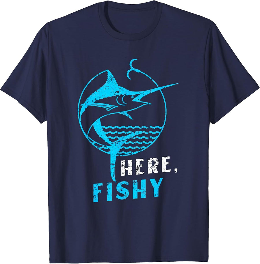 Distressed Here, Fishy Marlin Vintage Fishing Illustration T-Shirt - Navy Blue