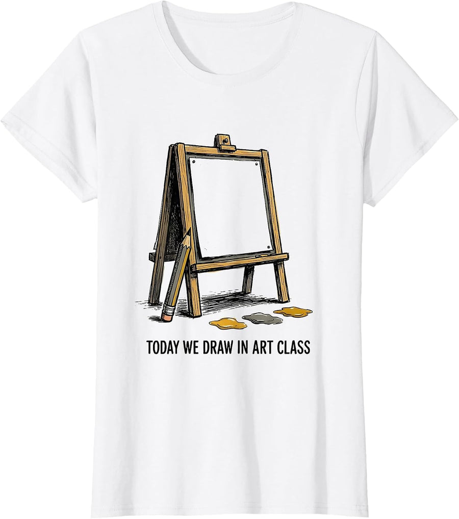 Women's Today We Draw In Art Class Hand-Sketched Art Teacher Back T-Shirt - White