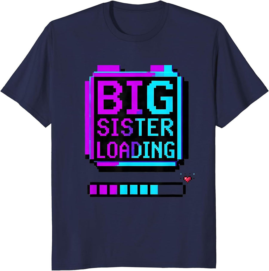Big Sister Loading Pixel Art Playful Sibling Announcement T-Shirt - Navy Blue