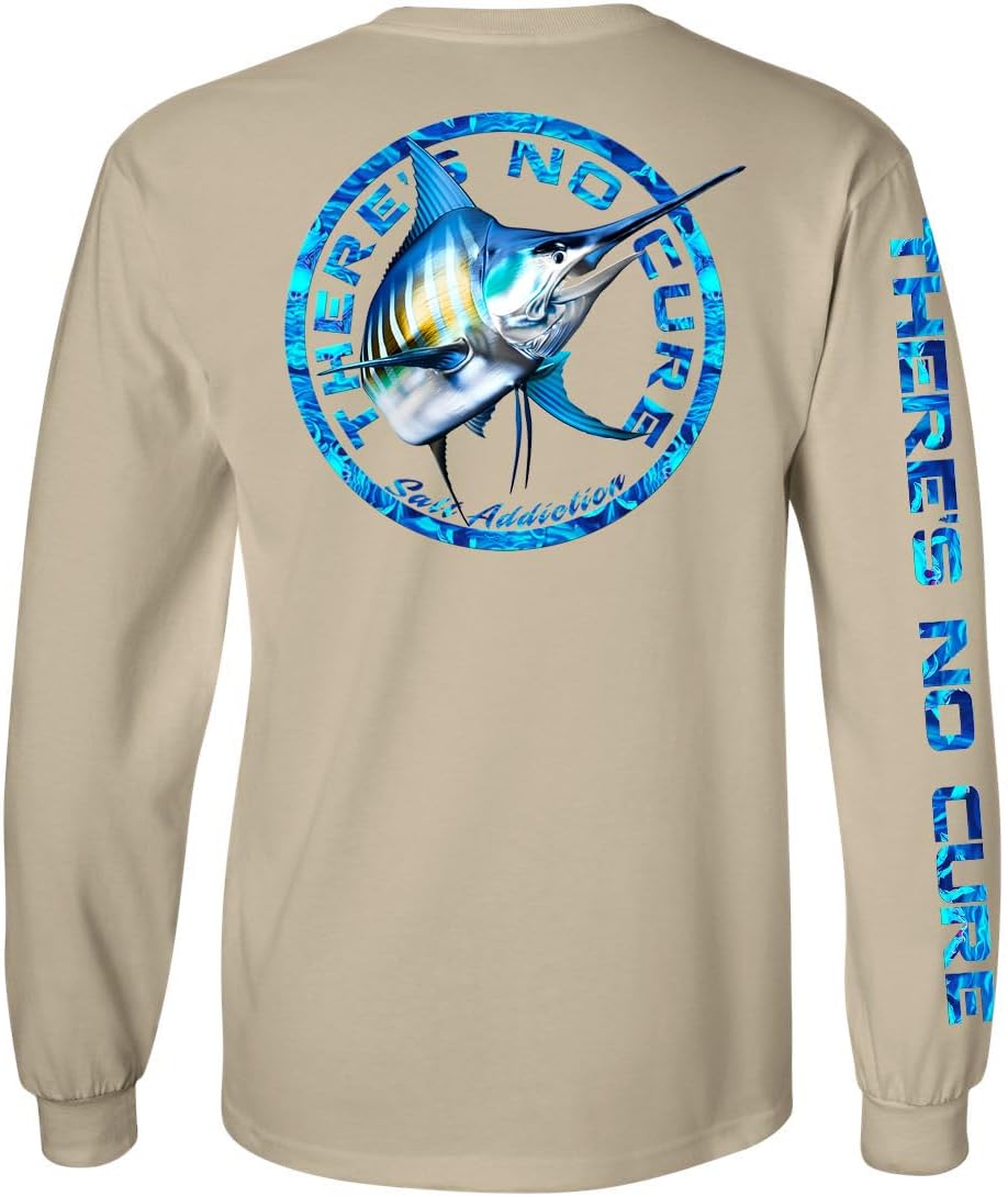 Salt Addiction Long Sleeve Fishing T-Shirt, White, Blue Marlin Design, Performance Crew Neck, Outdoor Sports Wear - Sand