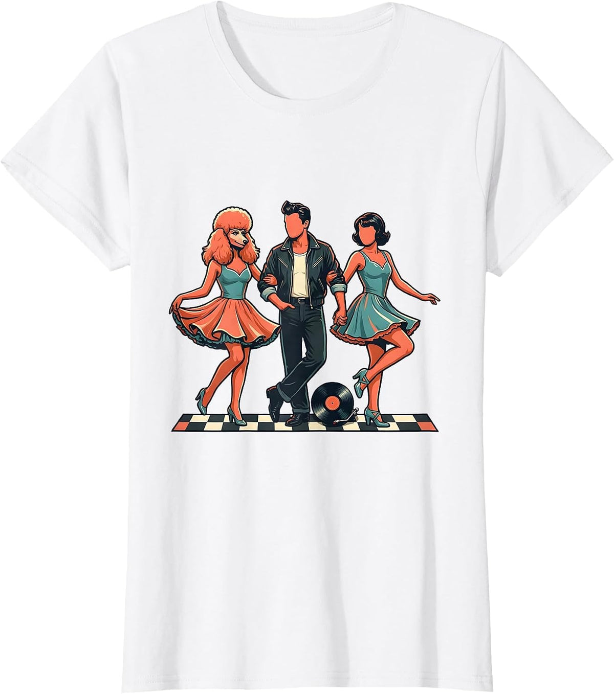 Linked 1950s Dance Line Trio Sock Hop Party T-Shirt - White