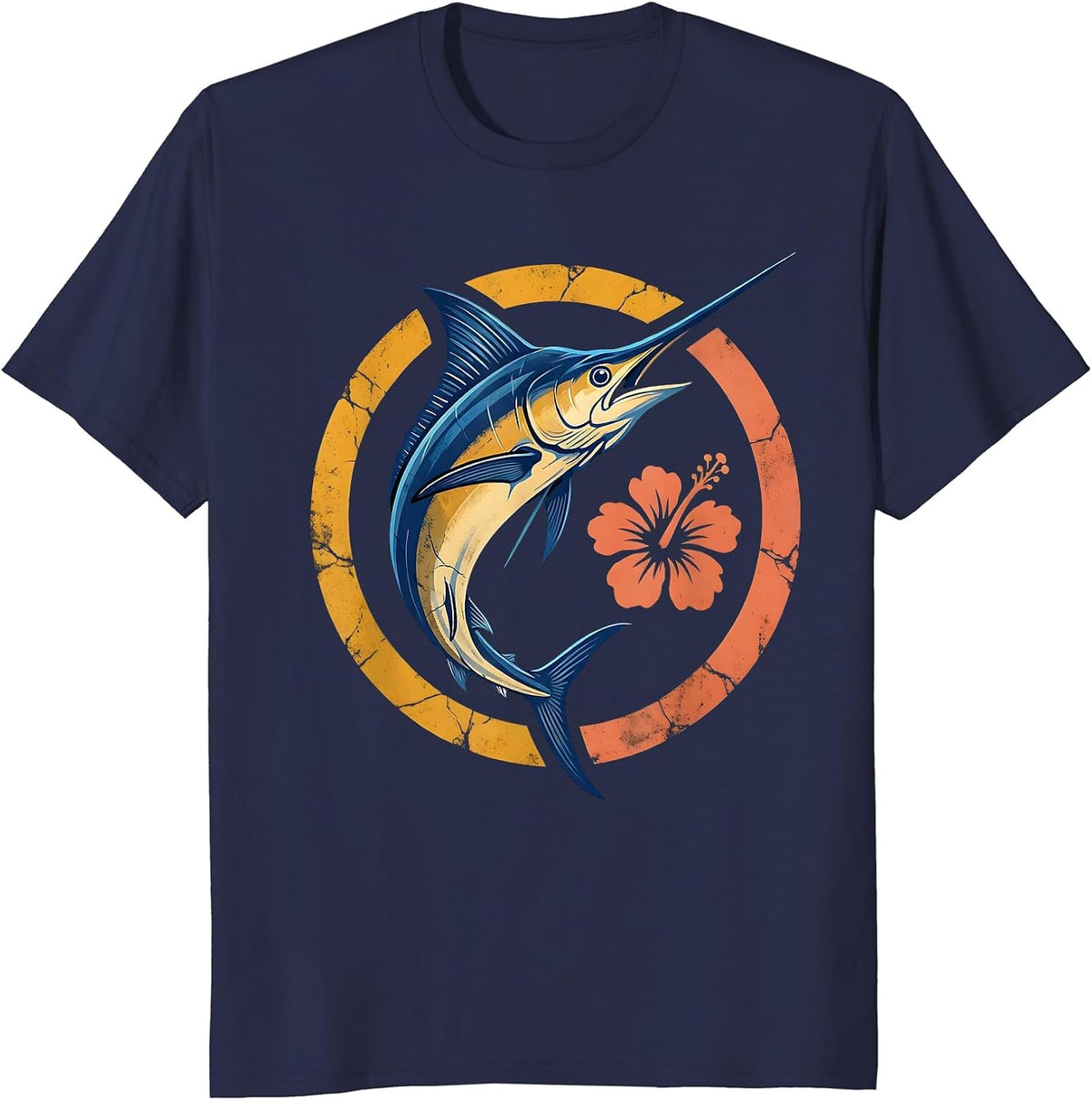 Jamaica Blue Marlin Leaping Ocean Waves Graphic T-Shirt - Navy Blue