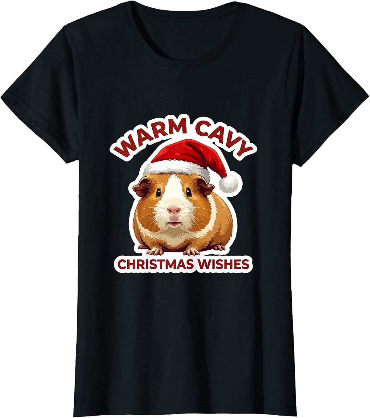 Women's Warm Cavy Christmas Wishes Funny Guinea Pig Santa Hat T-Shirt - Black