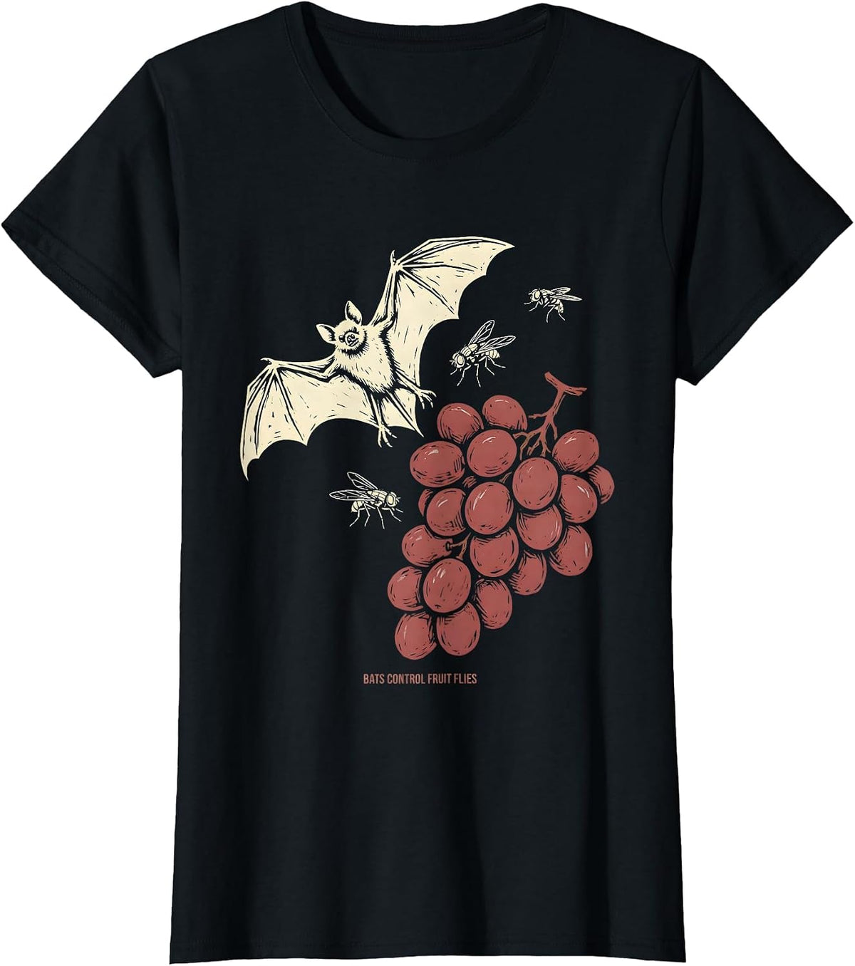 Bats Control Fruit Flies Linocut Bat Lover Halloween Humor T-Shirt - Black