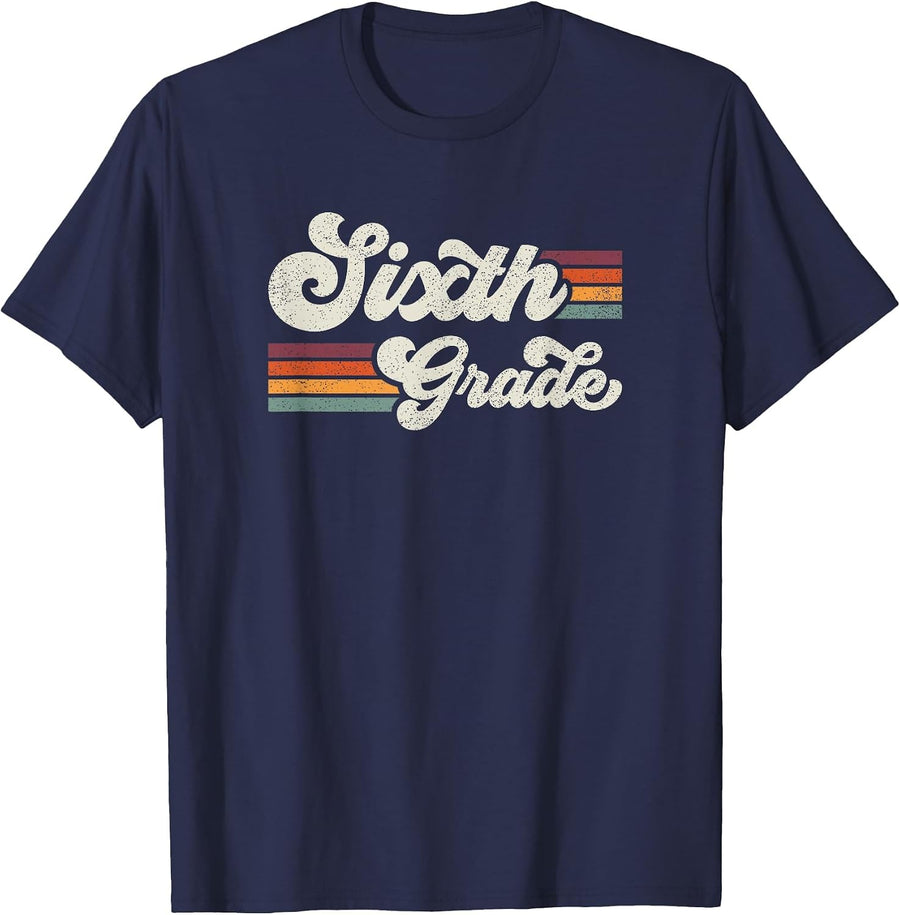 Retro Sixth Grade Teacher Back to School T-Shirt - Navy Blue