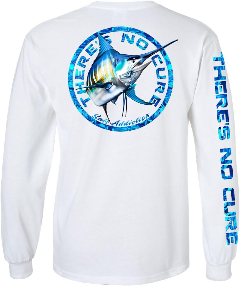 Salt Addiction Long Sleeve Fishing T-Shirt, White, Blue Marlin Design, Performance Crew Neck, Outdoor Sports Wear - White