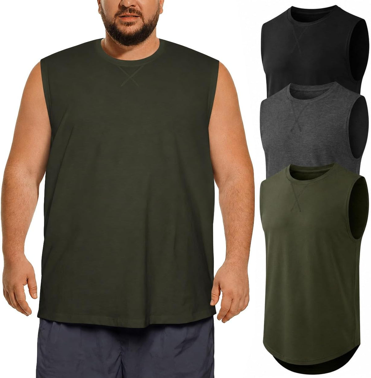 Men's Big and Tall Tank Top 3XL-8XL, Sleeveless Muscle Shirt - Black\/Dark Gray\/Green(3 Pack)