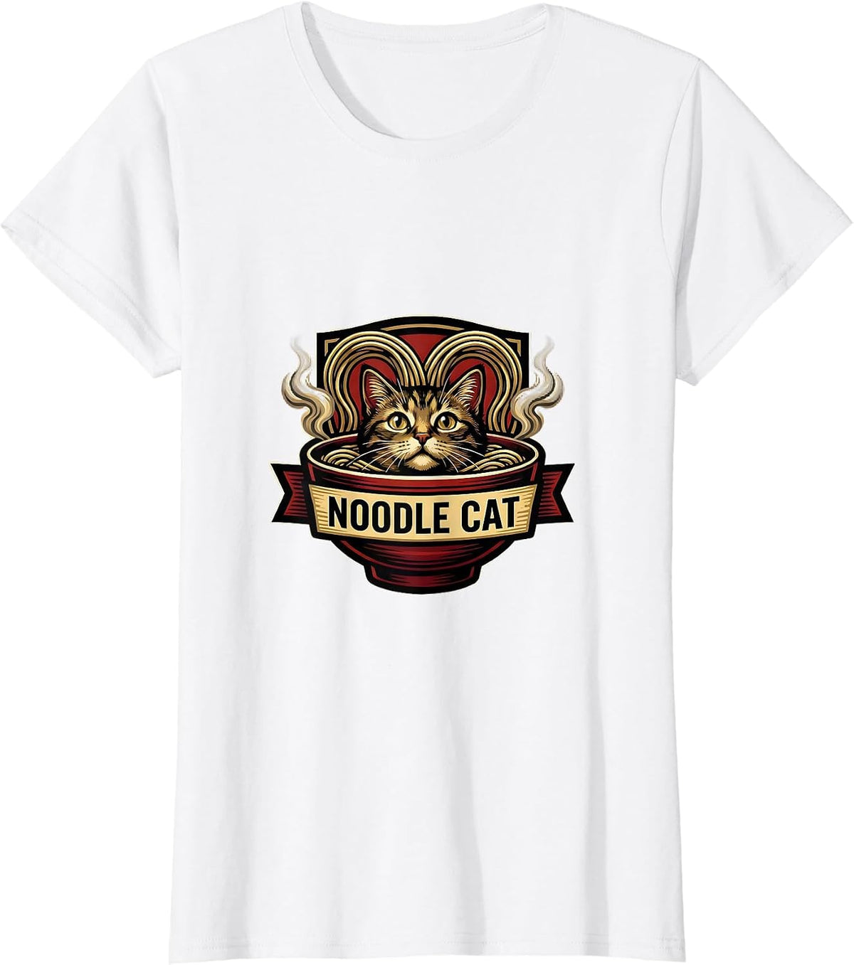 Women's Noodle Cat Kawaii Anime Japanese Ramen Cat Lover Humor T-Shirt - White
